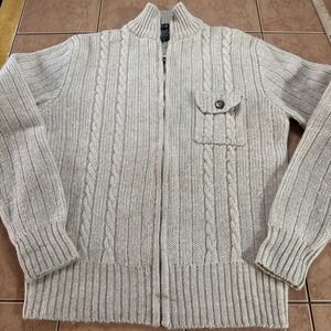 New York Sportswear Exchange Beige Shetland Wool Zip Cardigan VTG Sweater Sz L